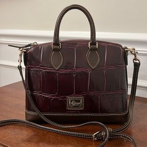 Downey & Bourke Croc Embossed Crossbody Satchel Burgundy & Chocolate Brown gold